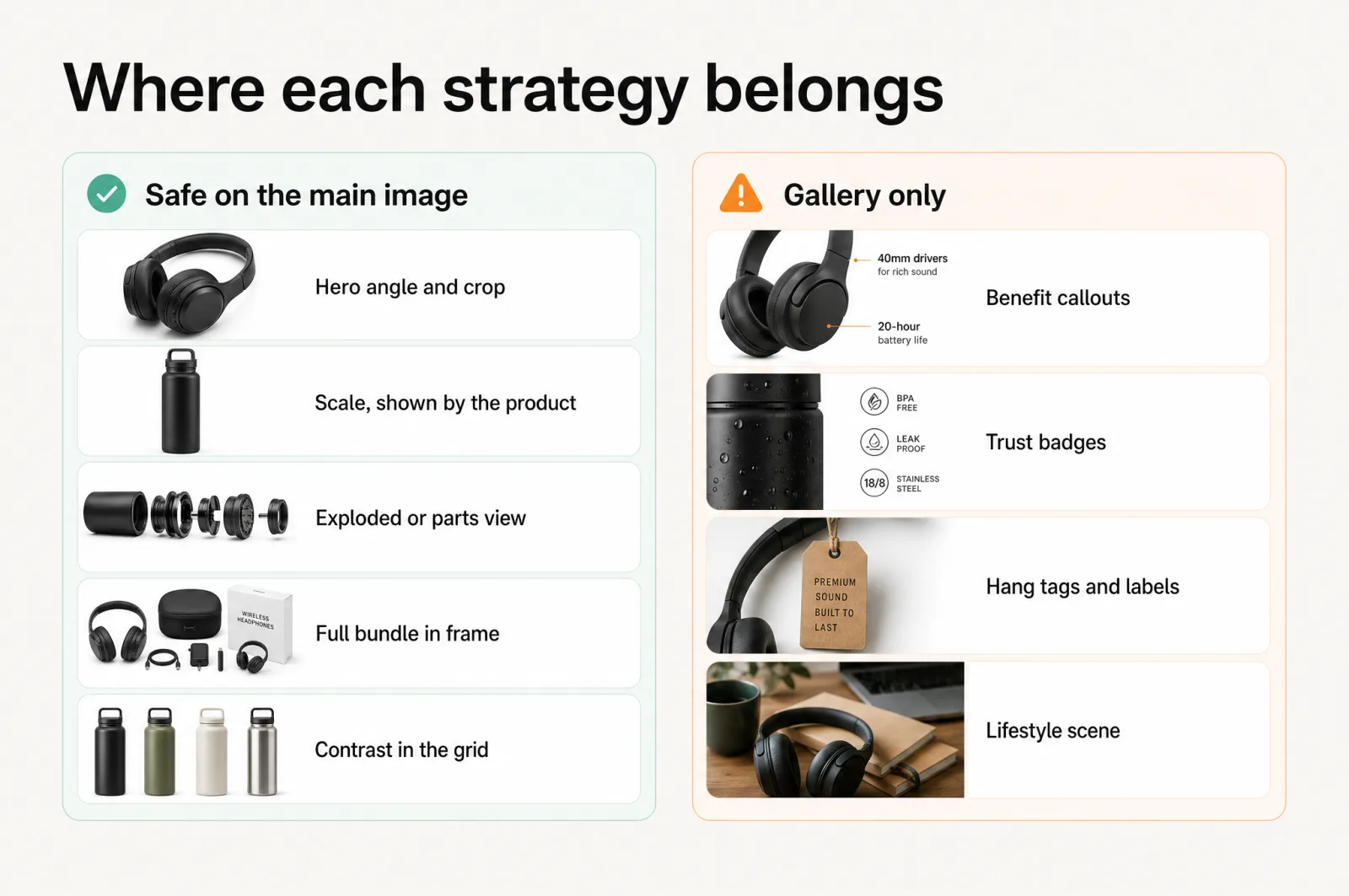 Where each strategy belongs: main-image-safe levers versus gallery-only strategies