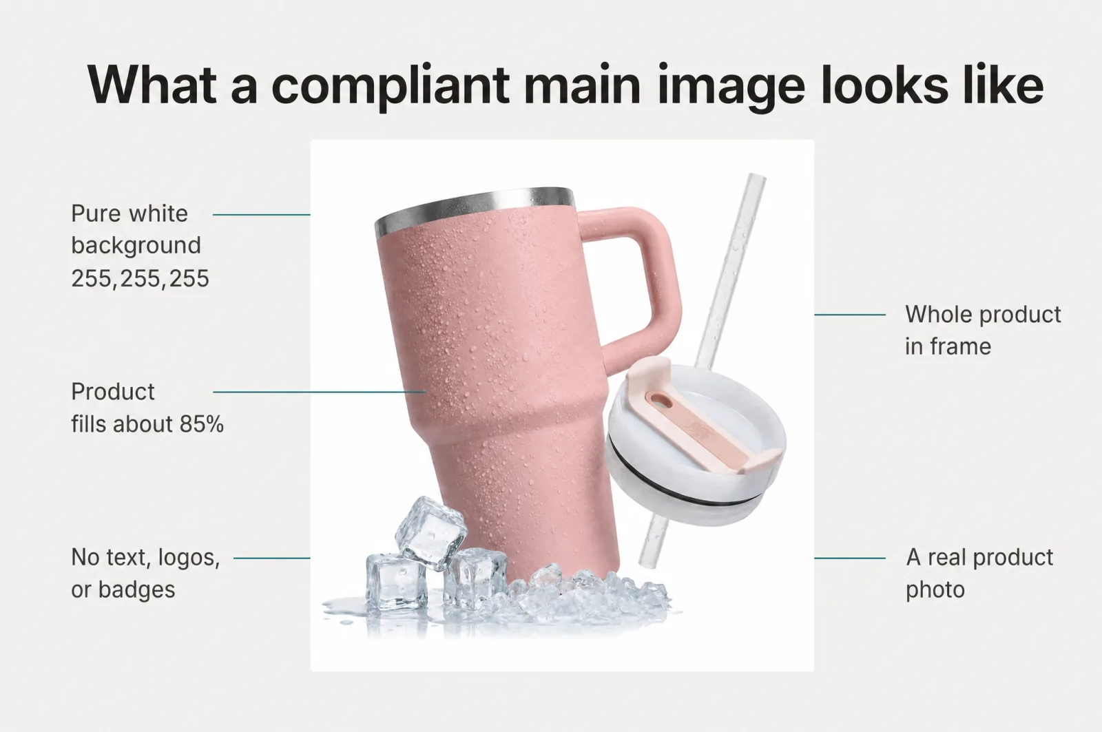 What a compliant Amazon main image looks like: pure white background, product filling ~85% of the frame, no text or badges, the whole product in view