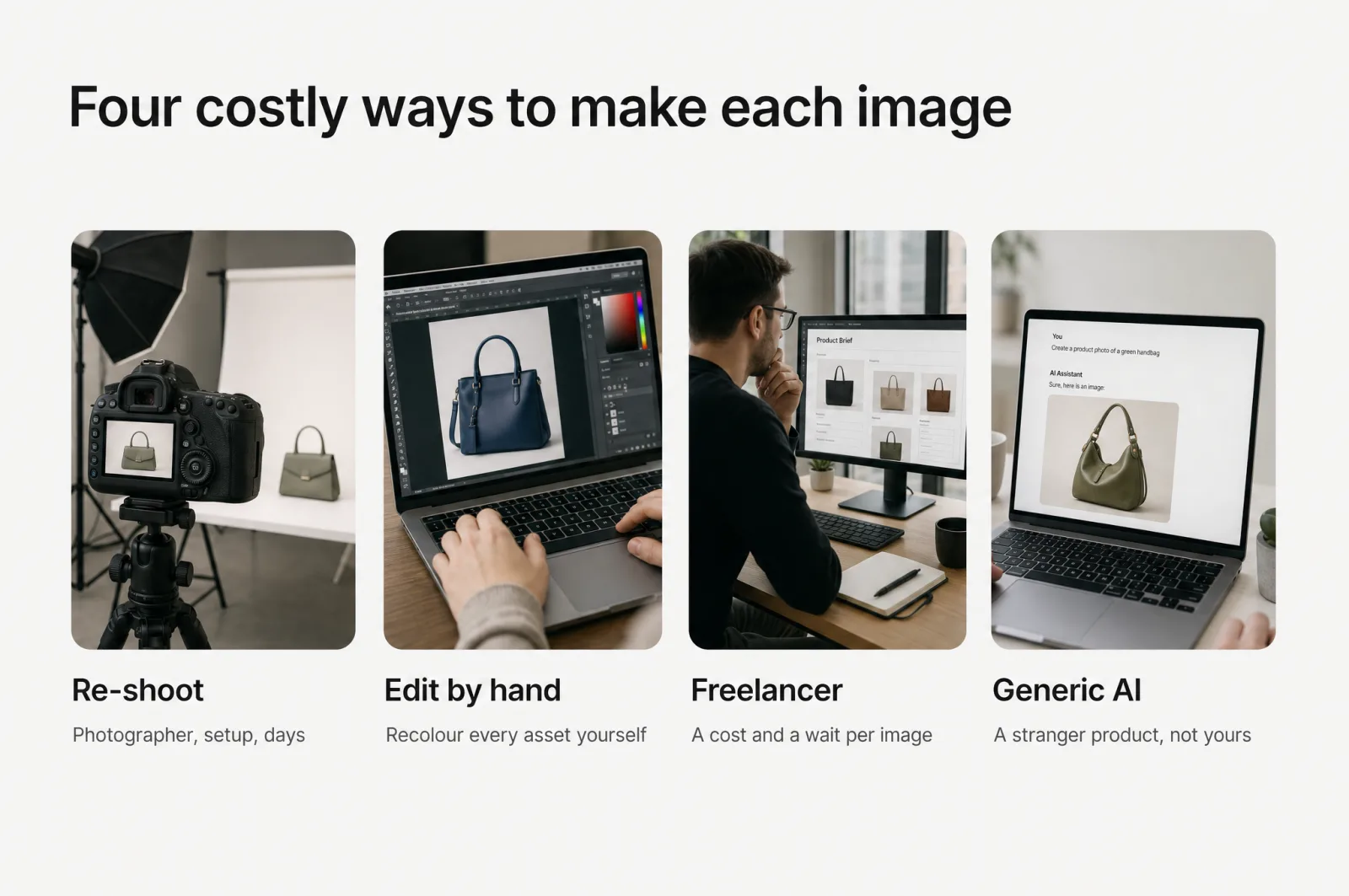 The 4 costly ways to make an image for every variant: re-shoot, edit by hand, freelancer, generic AI