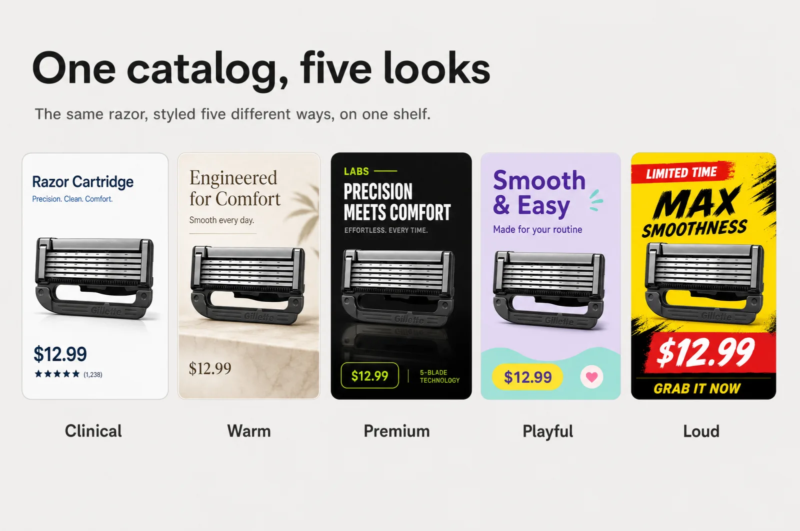 One catalog, five clashing looks of the same product