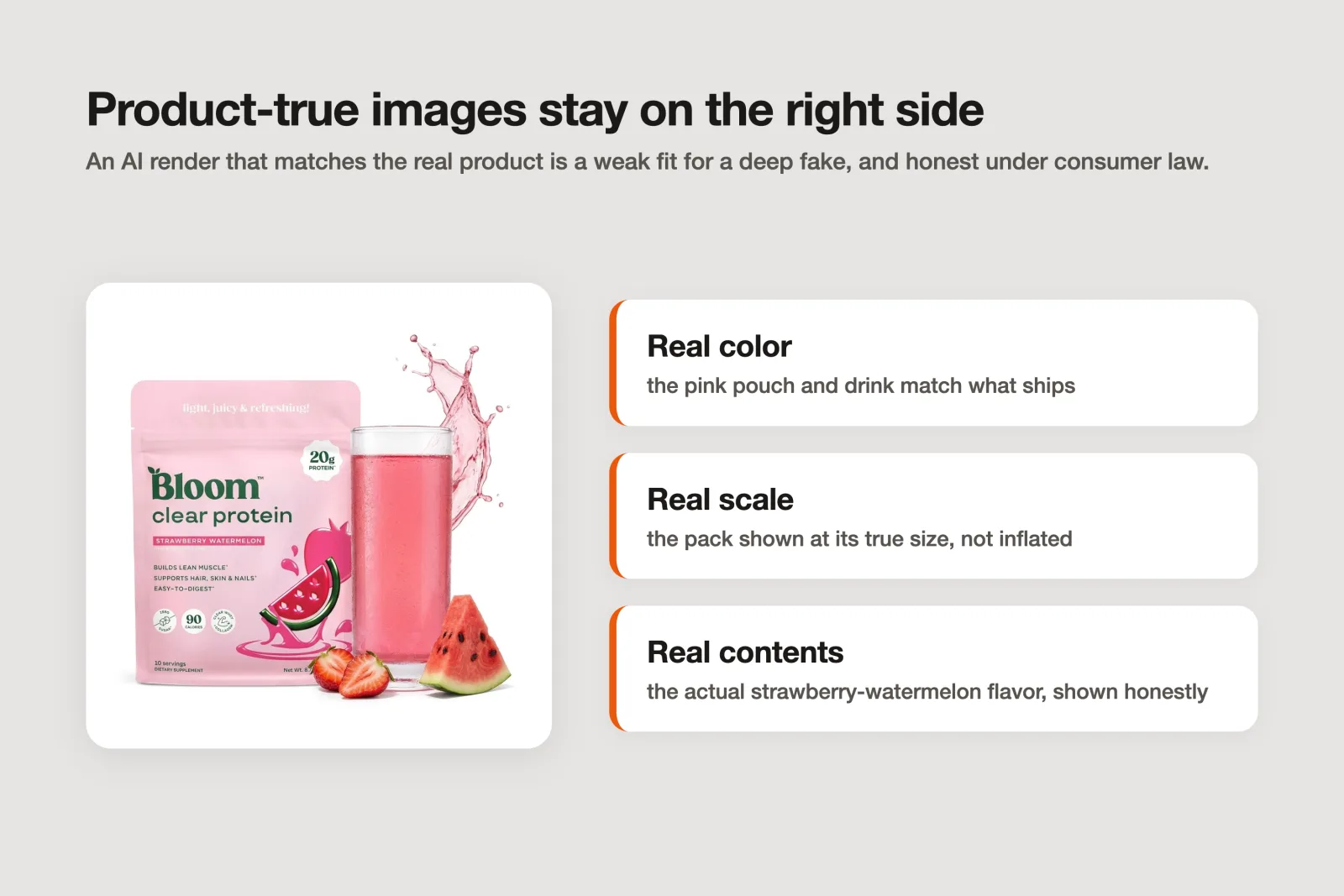 A product-true Bloom listing image stays honest: real color, real scale, real contents
