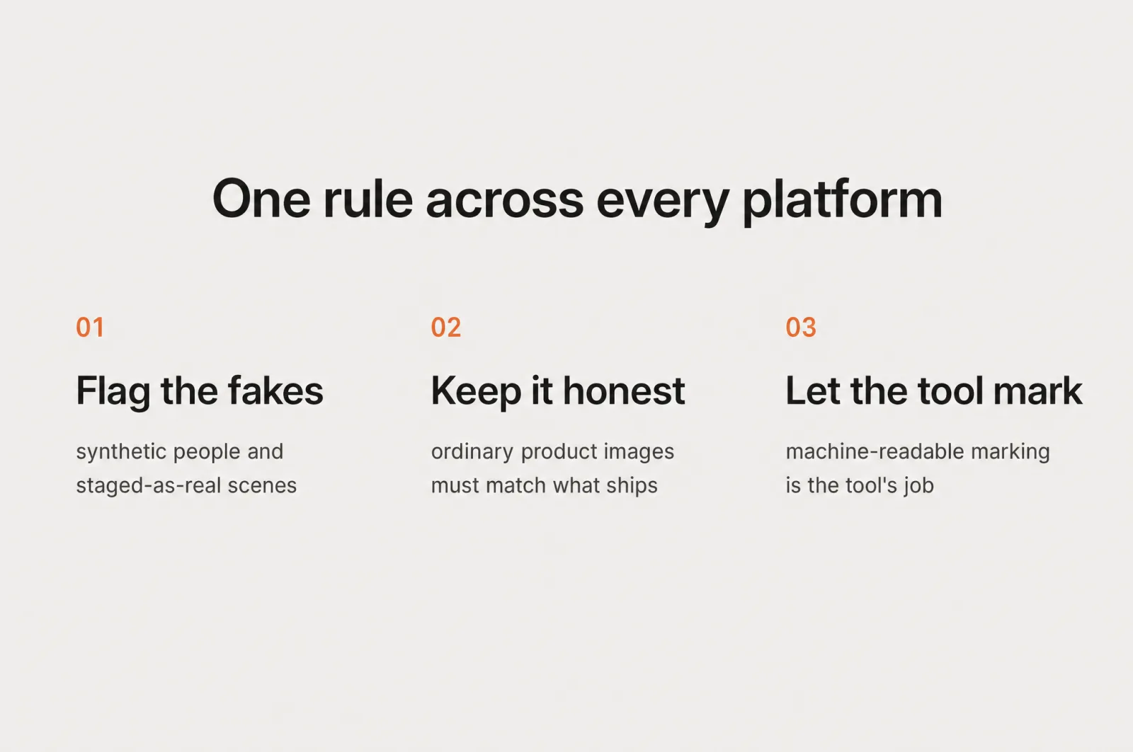 One rule across every platform: flag synthetic scenes, keep product images honest, let the tool handle machine-marking