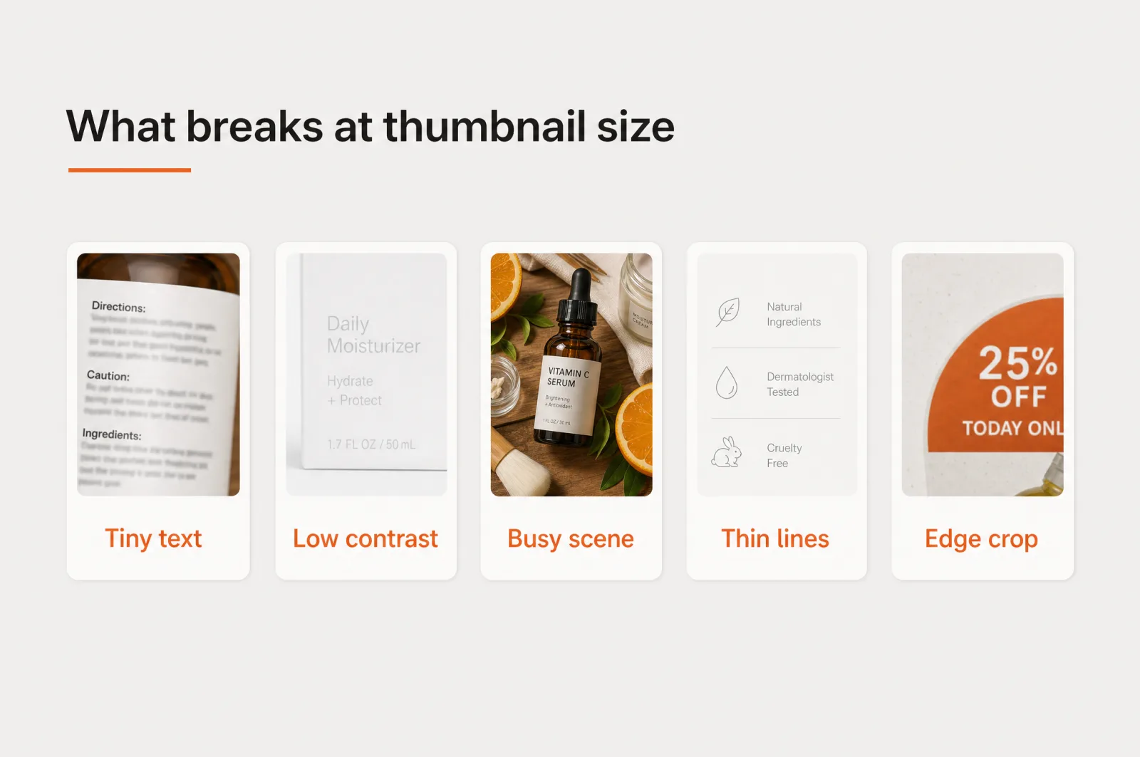 Five things that break at thumbnail size: tiny text, low contrast, busy scene, thin lines, edge crop