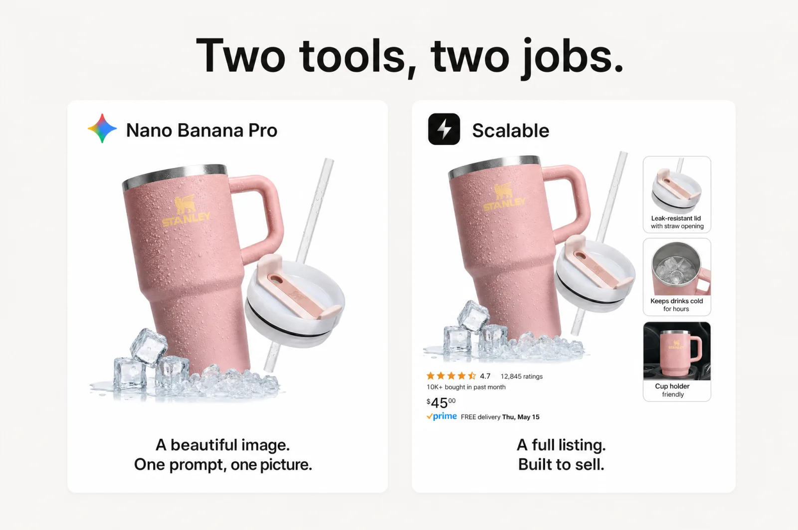 Two tools, two jobs: the same product as one beautiful standalone image versus a full converting listing