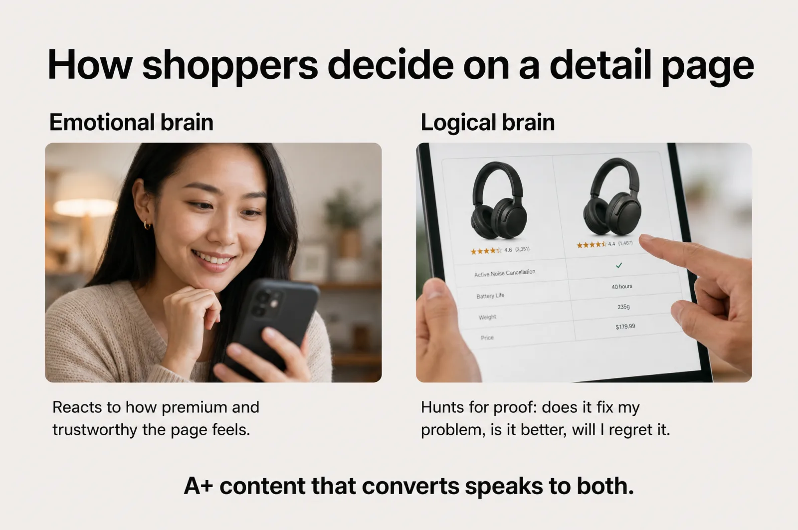 How shoppers decide on a detail page: the emotional brain reacts to how premium the page feels, the logical brain hunts for proof
